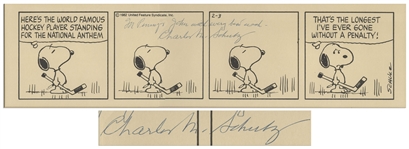 Charles Schulz Signed Copy of a Peanuts Comic Strip With Snoopy Playing Hockey